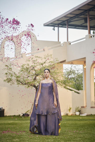 Deep Purple Circular cut kurta + Umbrella pants + Dupatta | TCT-837