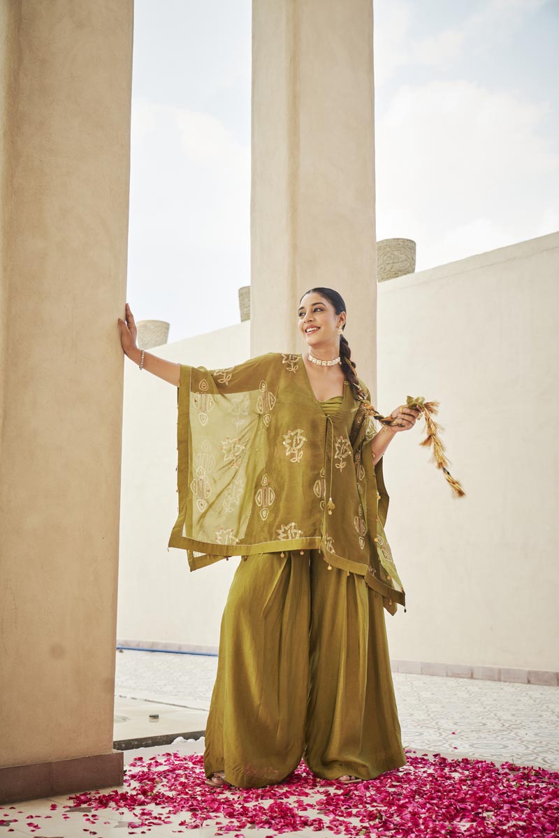 Lime green bustier + palazzo + cardigan | TCT-817