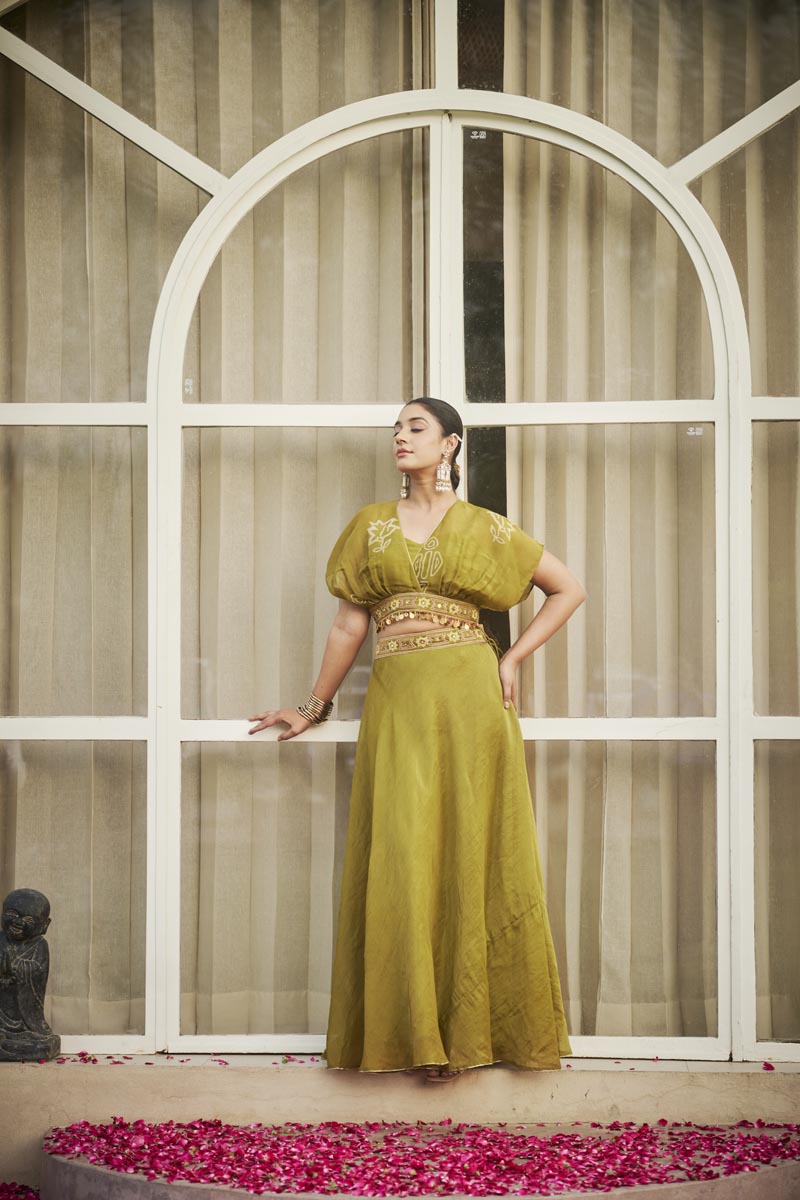 Lime Green Bustier + Palazzo + overlap cape top | TCT-868