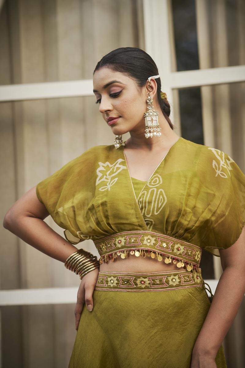 Lime Green Bustier + Palazzo + overlap cape top | TCT-868