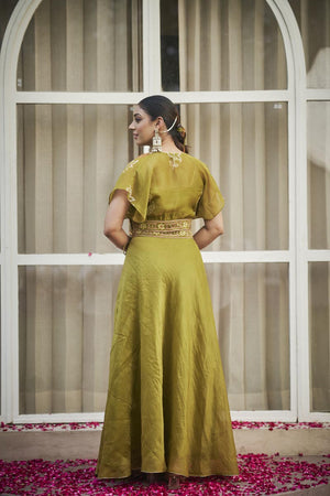 Lime Green Bustier + Palazzo + overlap cape top | TCT-868