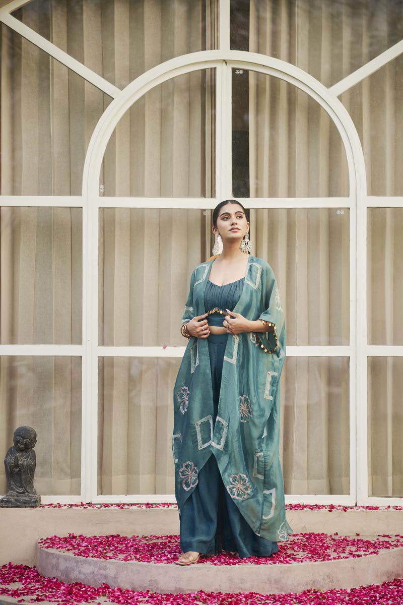 Sea blue bustier + flared palazzo + cardigan | TCT-827