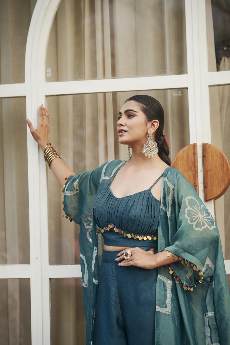 Sea blue bustier + flared palazzo + cardigan | TCT-827