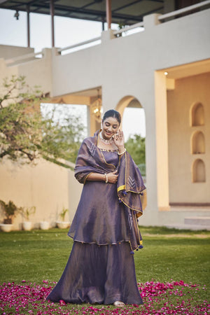 Deep Purple Circular cut kurta + Umbrella pants + Dupatta | TCT-837