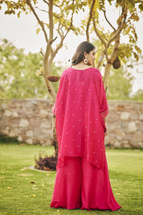 Fuschia Pink Bustier + Flared Plazzo + V-neck kaftan | TCT-843