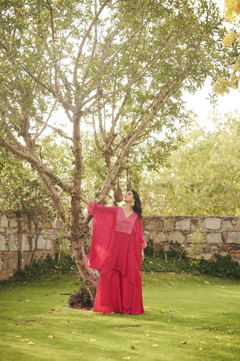 Fuschia Pink Bustier + Flared Plazzo + V-neck kaftan | TCT-843