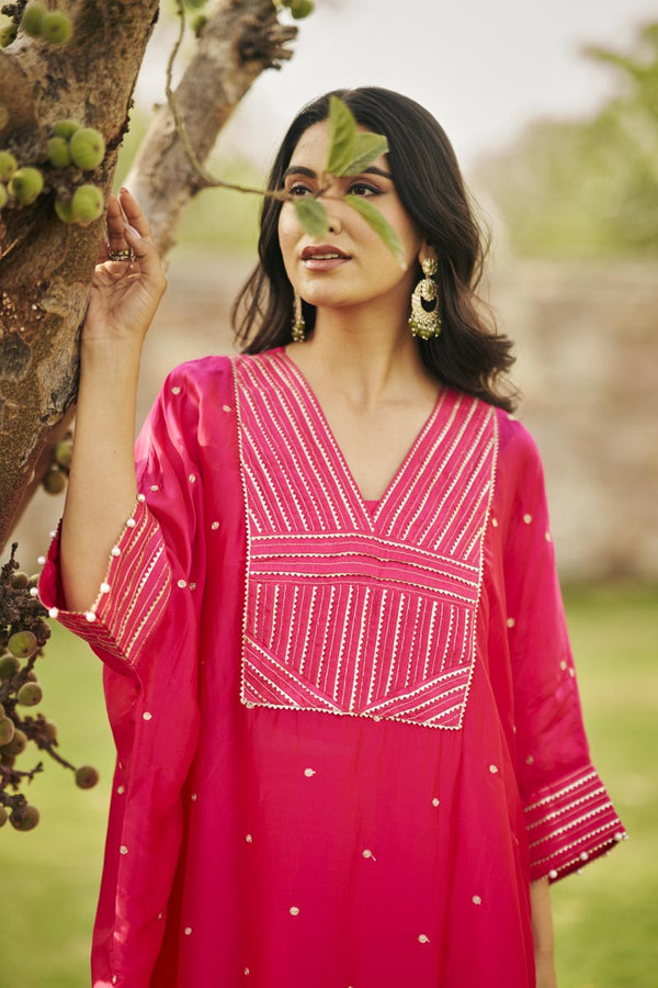 Fuschia Pink Bustier + Flared Plazzo + V-neck kaftan | TCT-843
