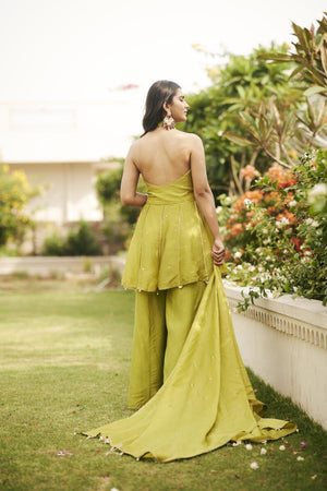Green Halter Neck Top + Pants + dupatta | TCT-847