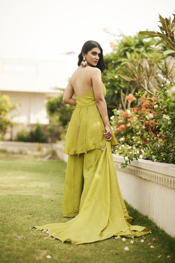 Green Halter Neck Top + Pants + dupatta | TCT-847