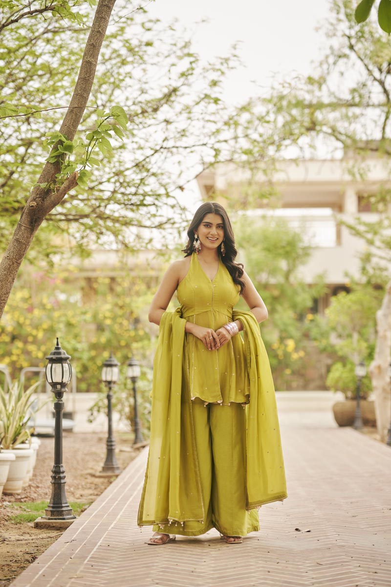 Green Halter Neck Top + Pants + dupatta | TCT-847