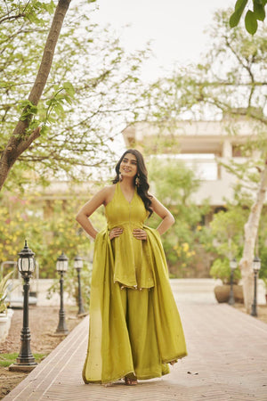 Green Halter Neck Top + Pants + dupatta | TCT-847