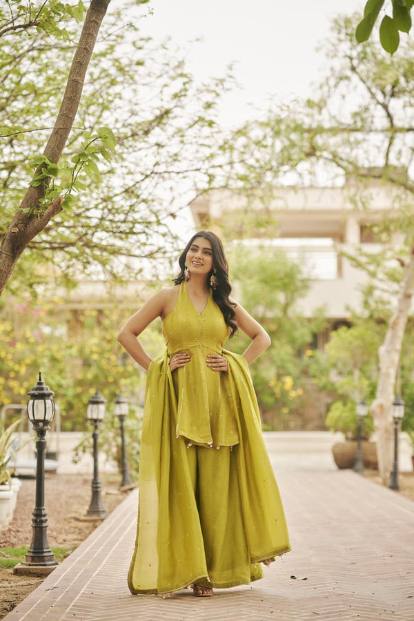 Green Halter Neck Top + Pants + dupatta | TCT-847