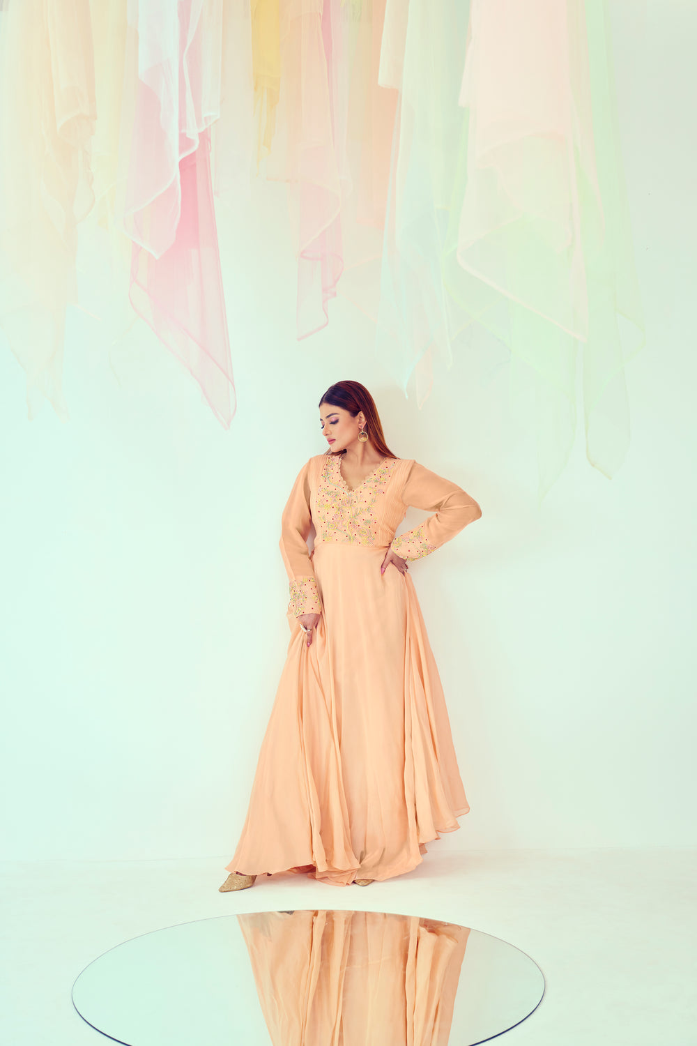 Deep Peach Pastel Work Anarkali set | TCT-736