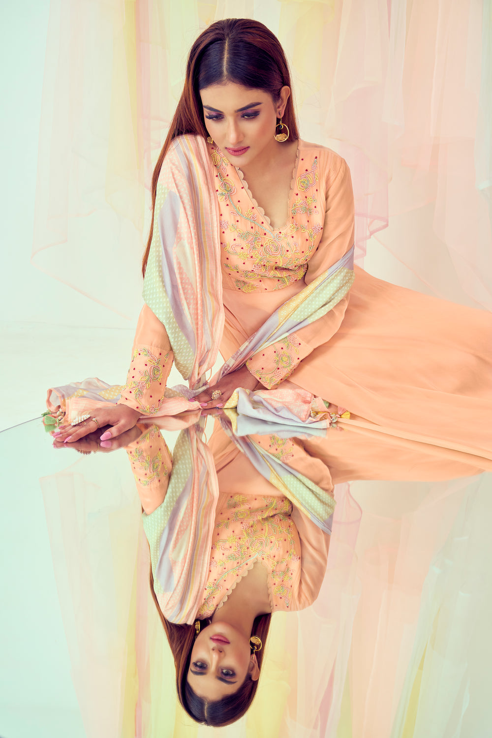 Deep Peach Pastel Work Anarkali set | TCT-736
