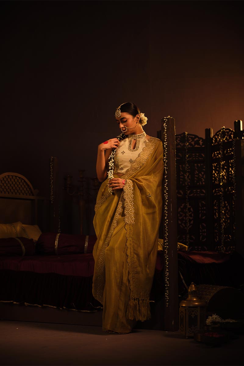 Cream Bustier with Drape Saree | TCT-763