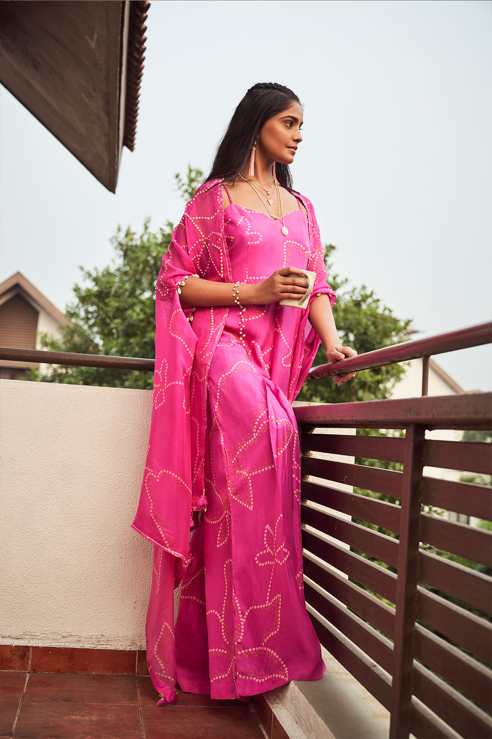 Pink Bandhani Jumpsuit with Cape | TCT-660