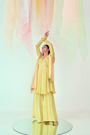 Yellow with Pastel work Kurta Set | TCT-740