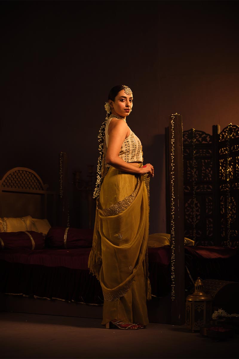Cream Bustier with Drape Saree | TCT-763