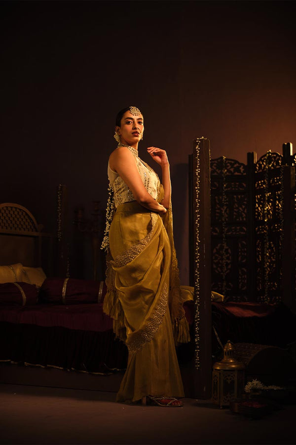 Cream Bustier with Drape Saree | TCT-763