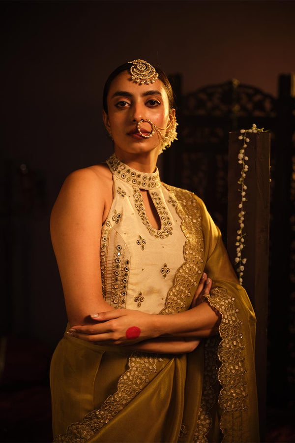 Cream Bustier with Drape Saree | TCT-763