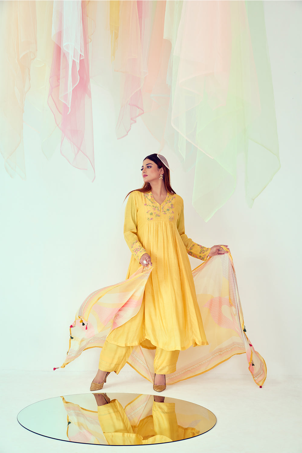 Yellow with Pastel work Kurta Set | TCT-735